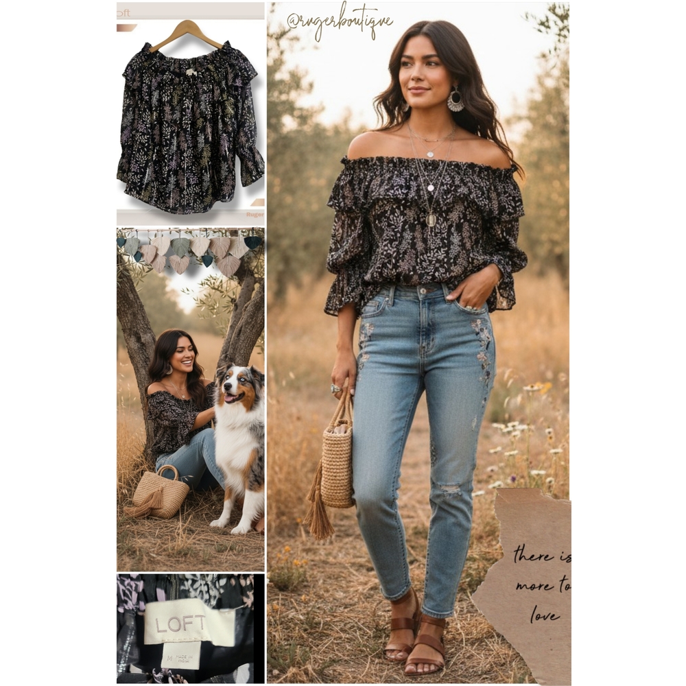 🌿Loft Black Metallic Leaf Print Off-Shoulder Top, Women's Medium - Picture 11 of 13